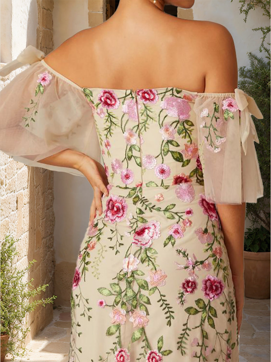 Trumpet/Mermaid Off-the-Shoulder Short Sleeves Long Prom Dresses with Embroidery & Bow