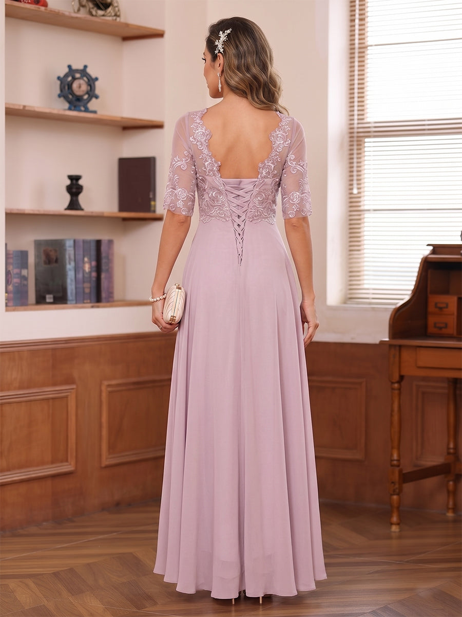 A-Line/Princess Illusion Neck Half Sleeves Asymmetrical Mother of the Bride Dresses with Appliques