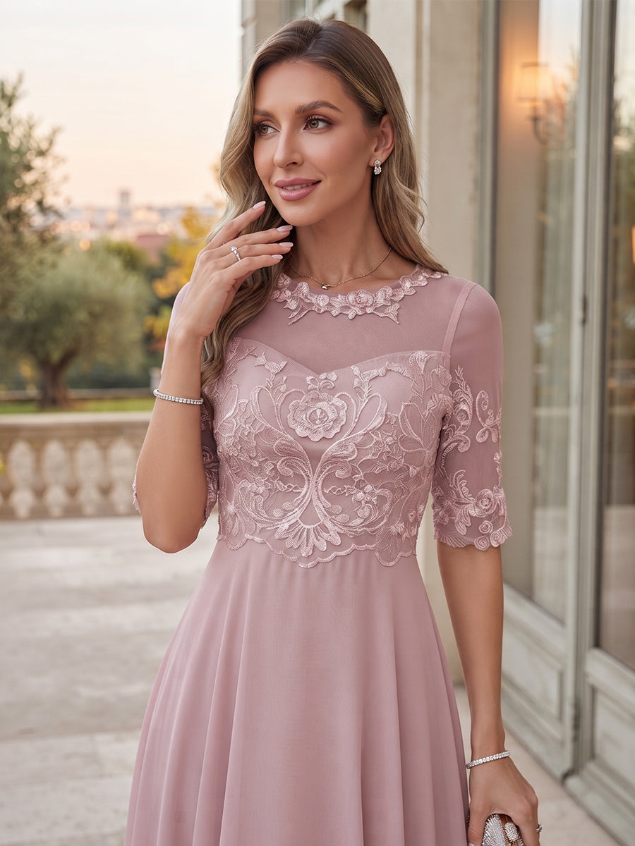 A-Line/Princess Scoop Half Sleeves Chiffon Ankle-Length Formal Dresses with Applique