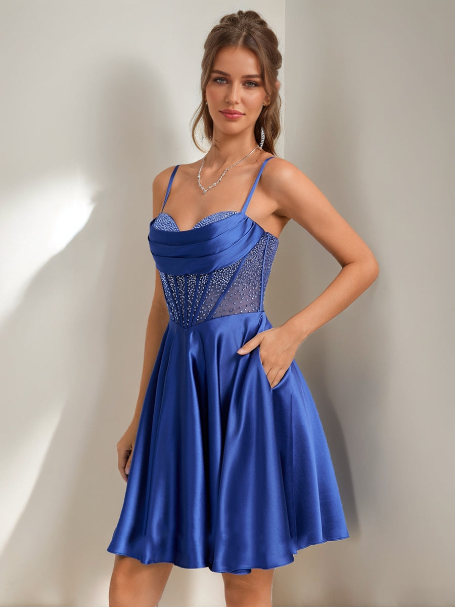 A-Line/Princess Cowl Straps Sleeveless Pleated Short Cocktail Dresses with Rhinestones