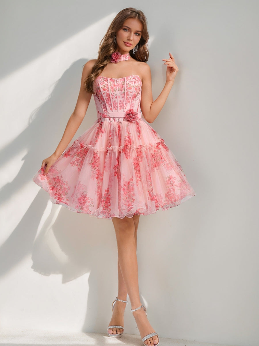 A-Line/Princess Sweetheart Printed Floral Short Cocktail Dresses with Ruffles
