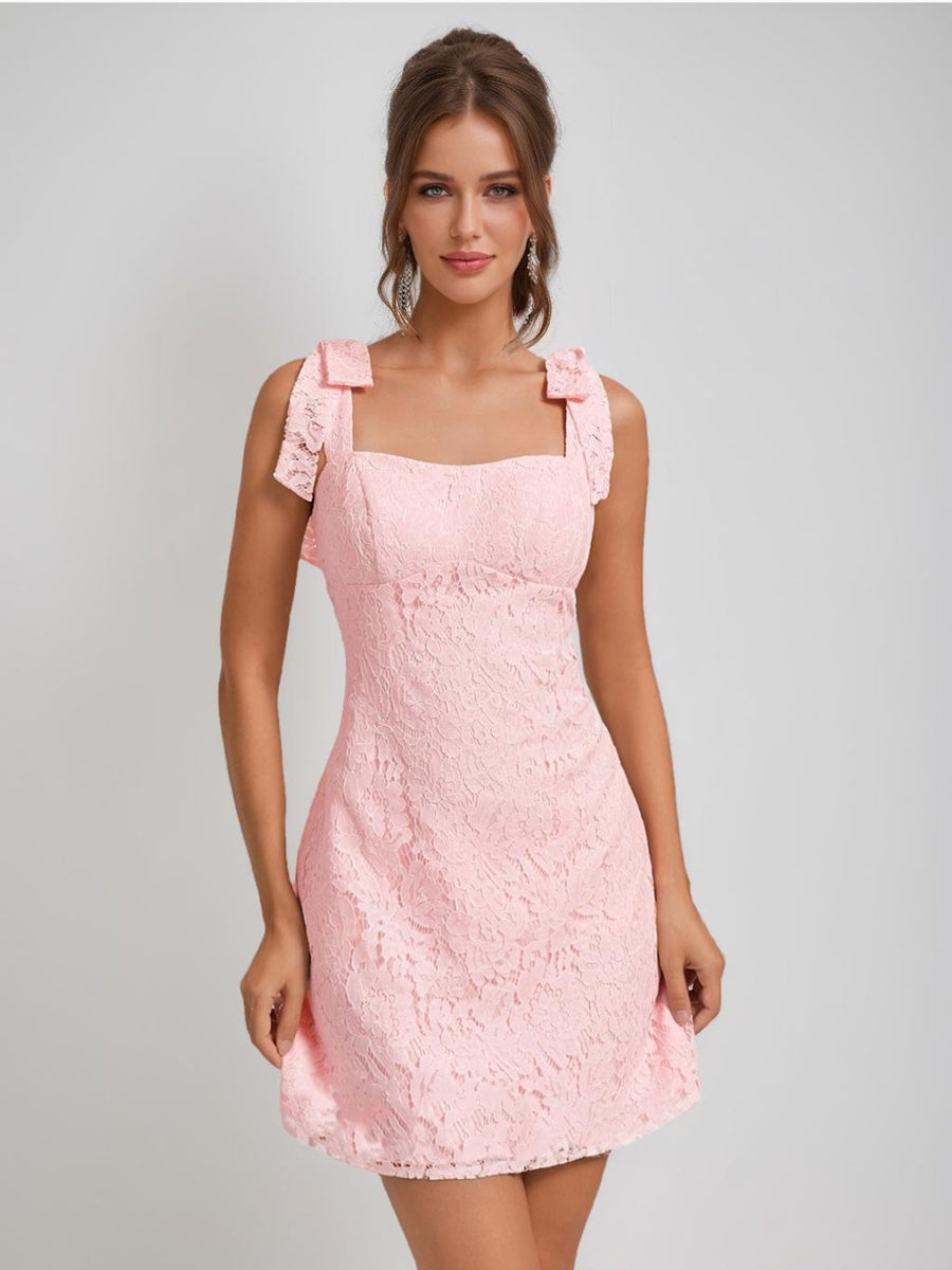 Sheath/Column Square Sleeveless Lace Mini Dresses Short Cocktail Dresses with Bow