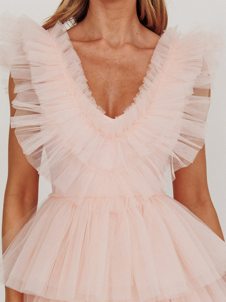 A Line V-Neck Tulle Ruffled Short/Mini Cocktail Dresses with Pleats