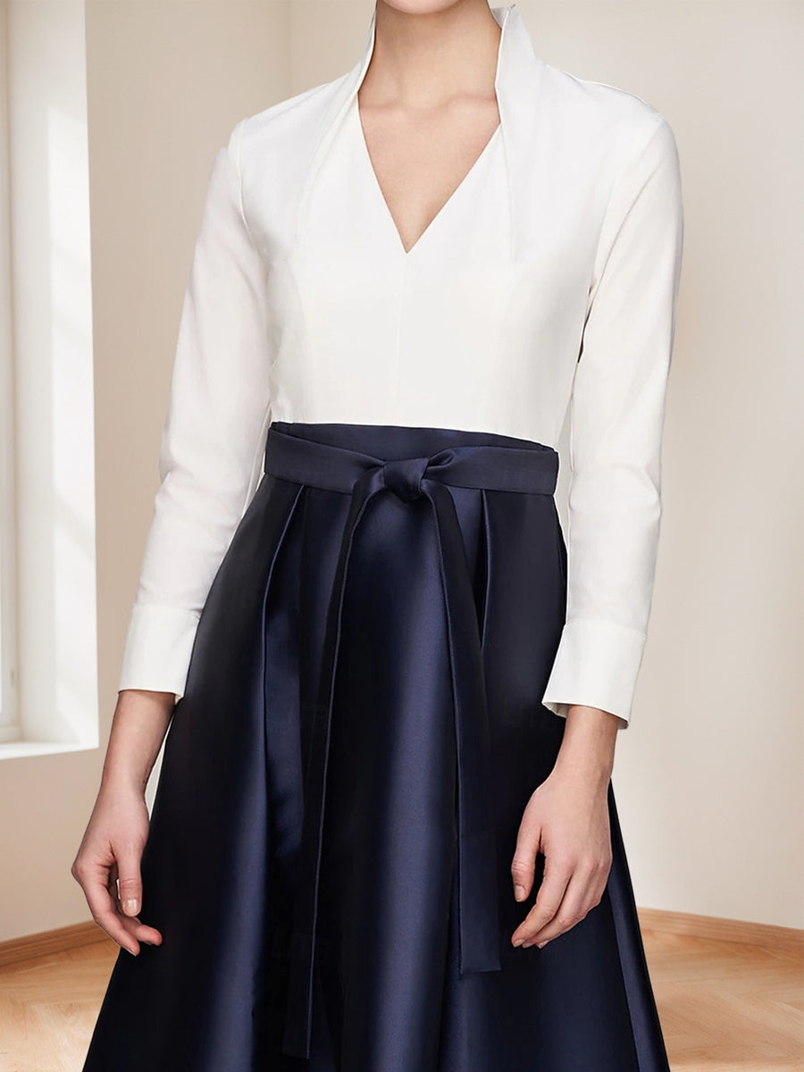 Elegant A-Line/Princess V-Neck Long Sleeves Floor Length Mother of the Bride Dresses with Pockets & Bow