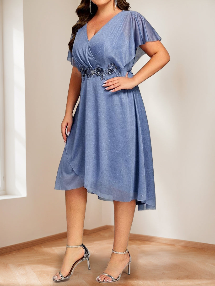Chiffon A-Line/Princess V-Neck Short Sleeves Knee-Length Plus Size Mother of the Bride Dresses with Sash