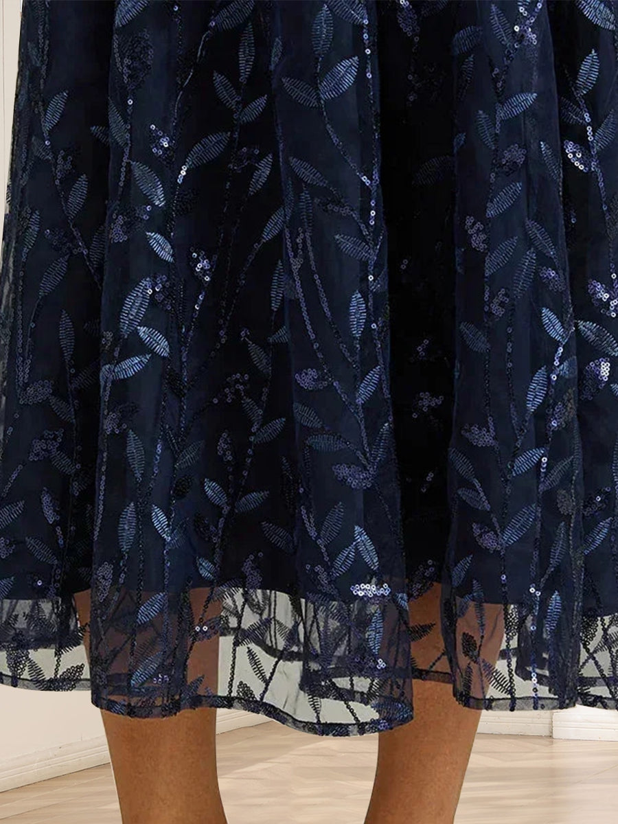 A-Line/Princess V-Neck 3/4 Flared Sleeves Tea-Length Mother of the Bride Dresses with Sequins Mesh