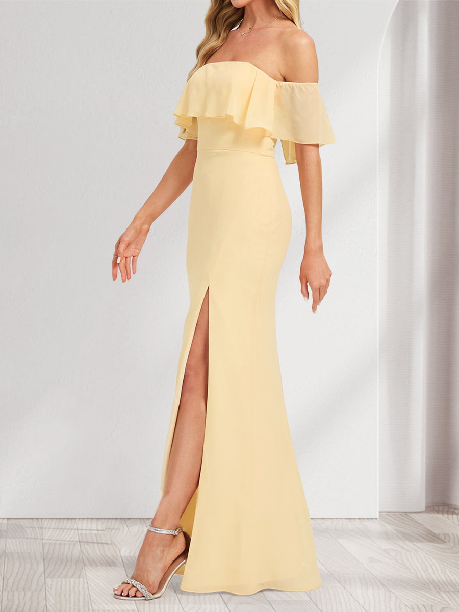 Chiffon Trumpet/Mermaid Off-the-Shoulder Floor-Length Bridesmaid Dress With Ruffles & Split Side