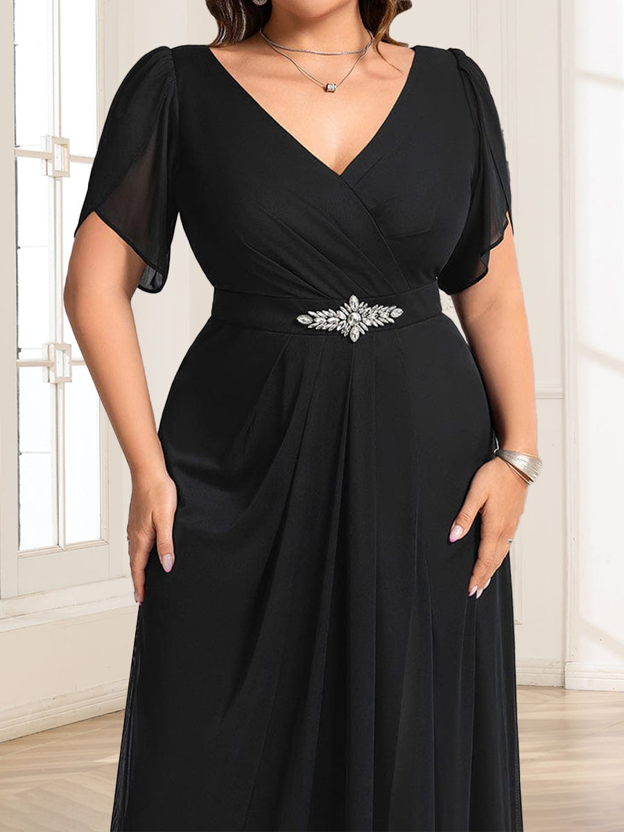 A-Line/Princess Short Sleeves V-Neck Plus Size Mother of the Bride Dresses With Sash