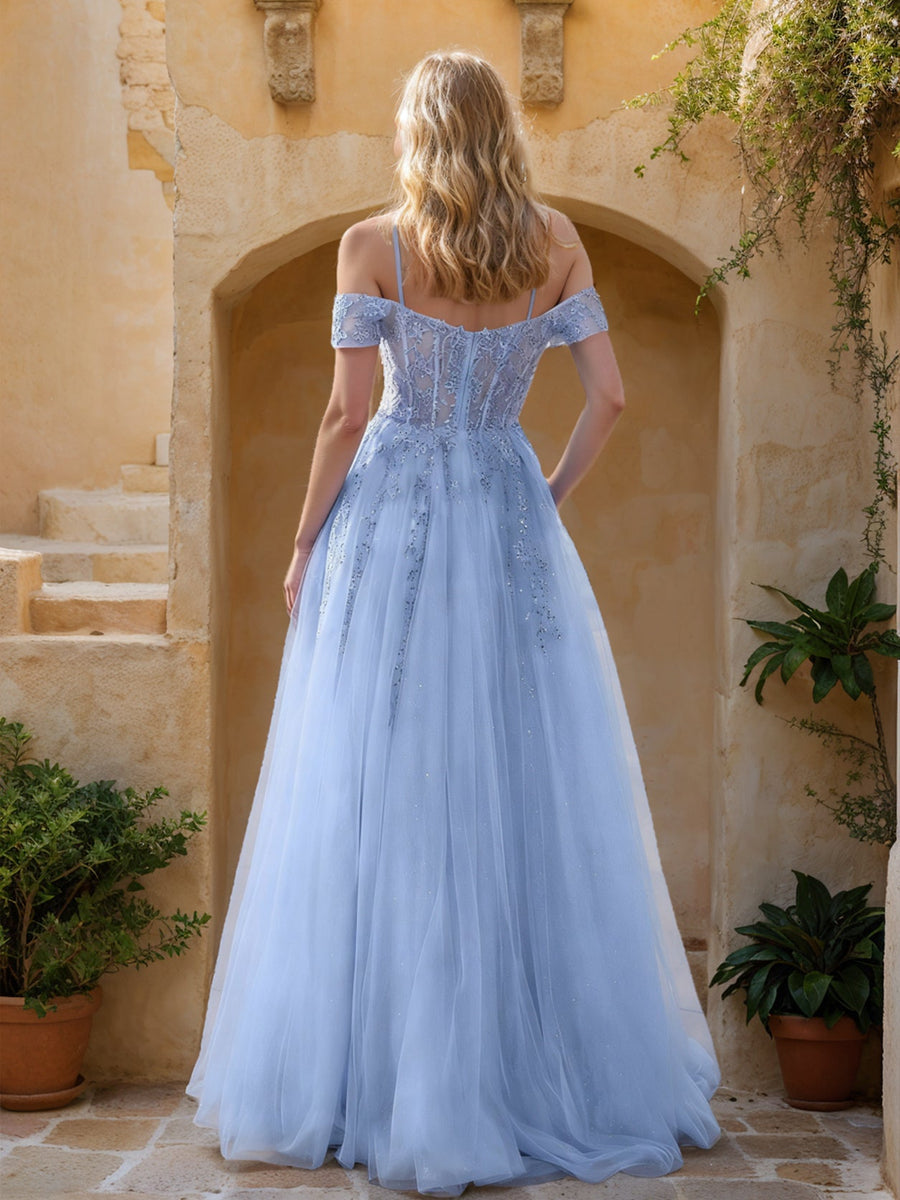 Ball Gown Cold Shoulder Short Sleeves Formal Dresses With Appliques