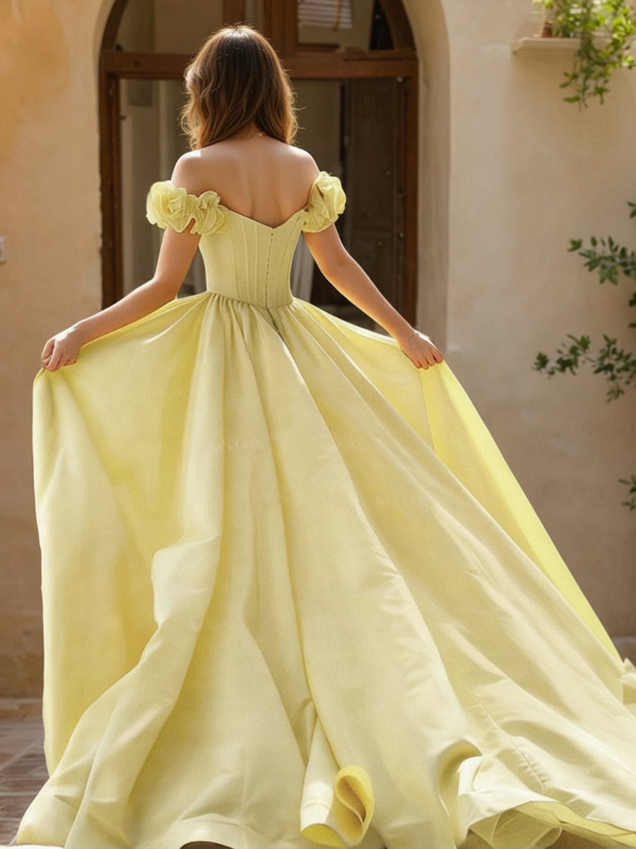 Sheath/Column Off-the-Shoulder Sweep Train Formal Dresses With Overskirt & Flower(s)