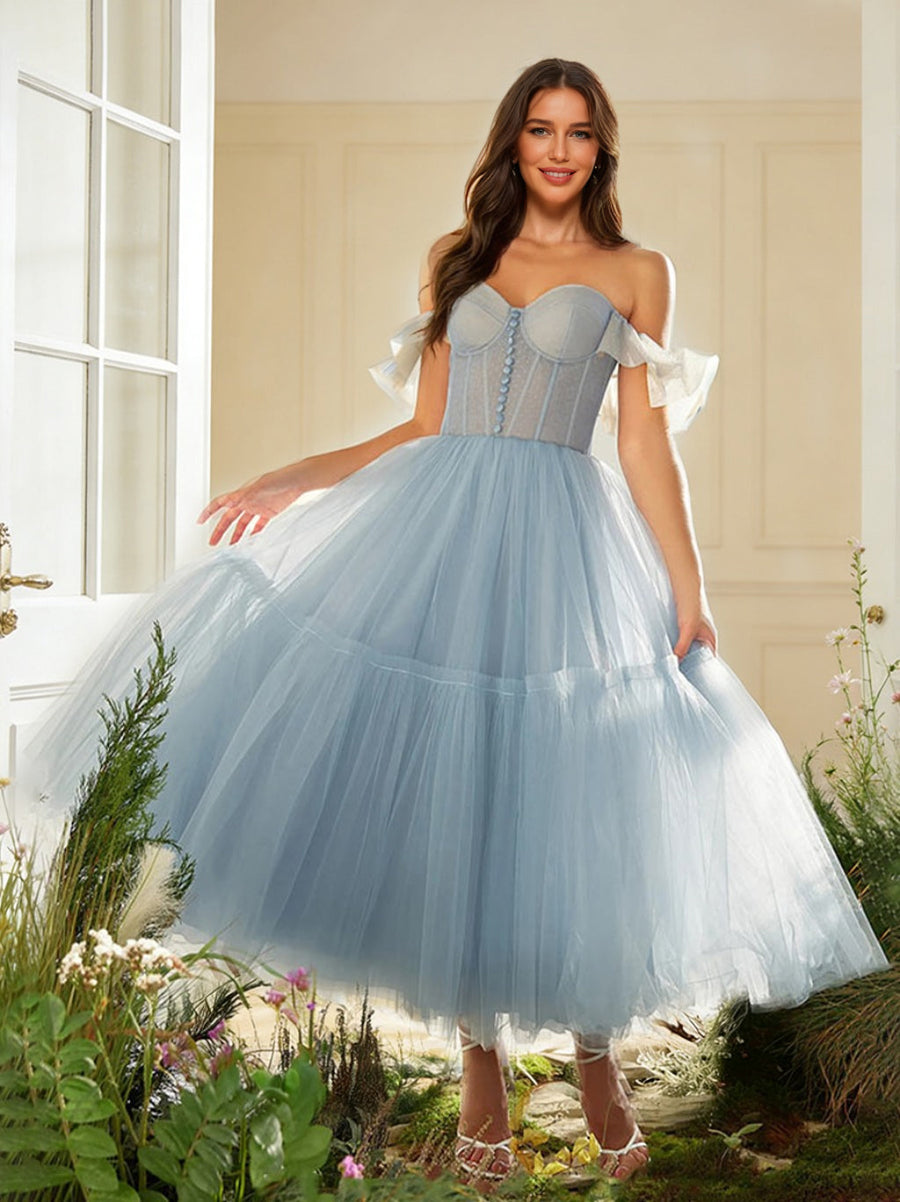 A-Line/Princess Sweetheart Tea Length Formal Dresses With Cascading Ruffles