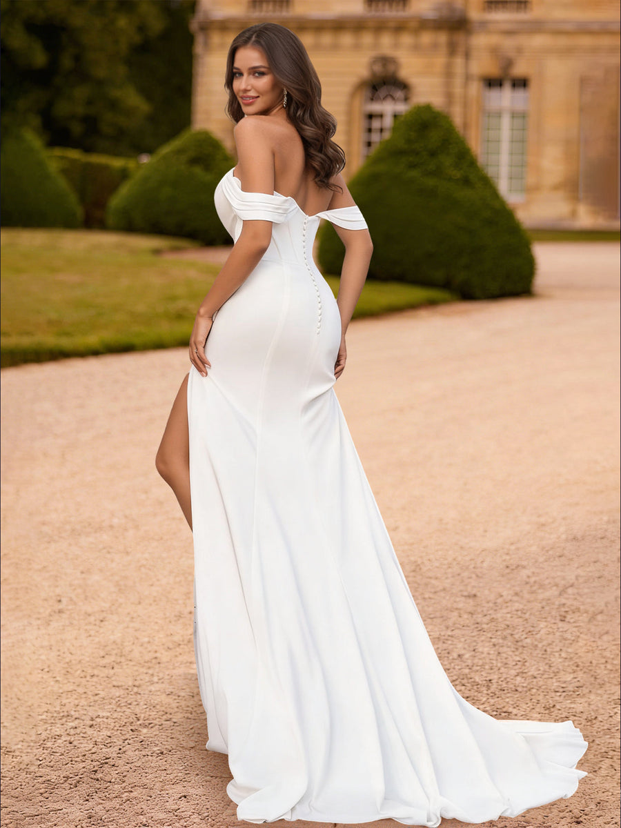 Sheath/Column Off-The-Shoulder Sweep Train Formal Dresses With High Split