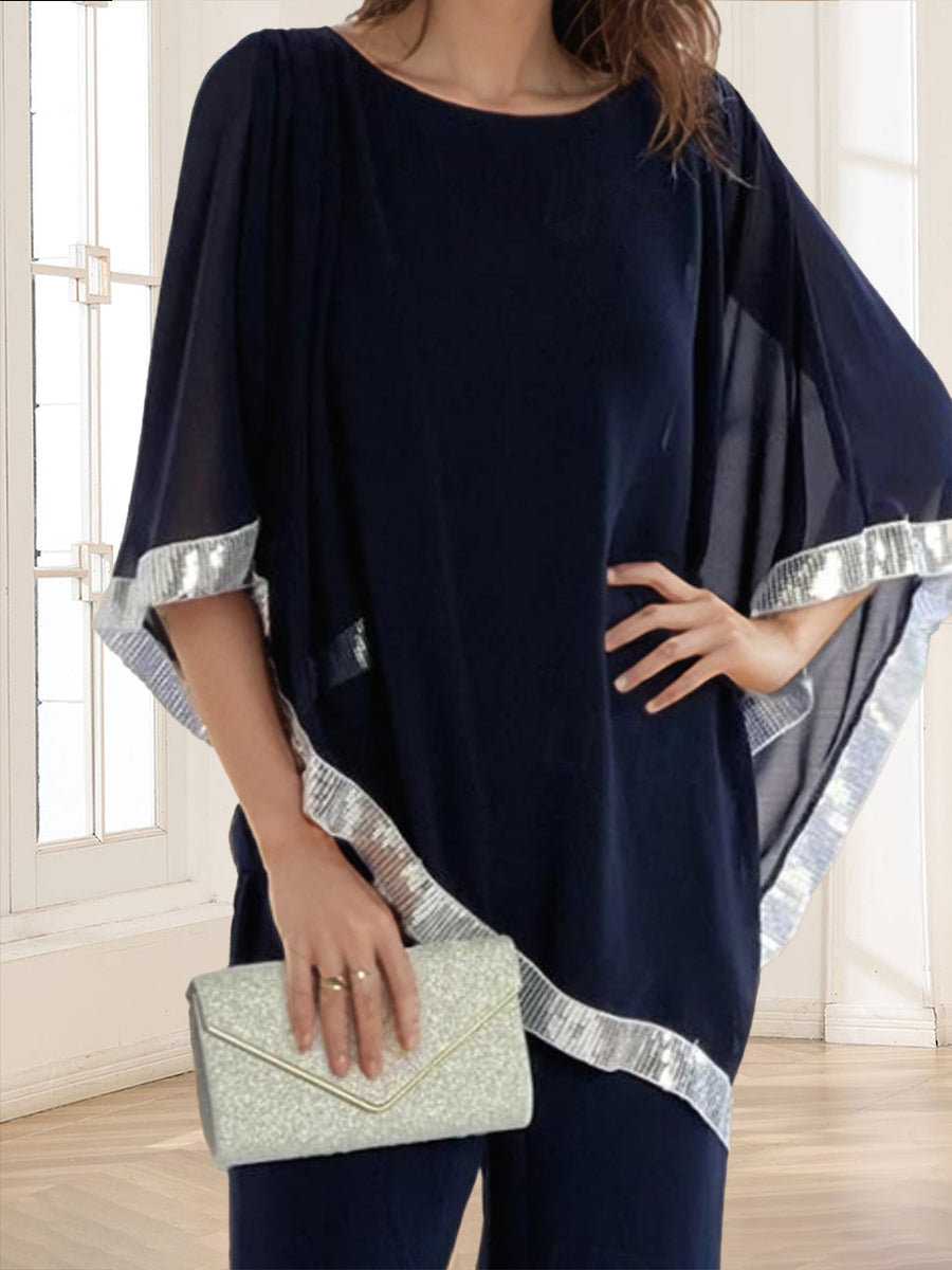 Chiffon Crew Neck Half Sleeves Long 2 Pieces Pantsuits