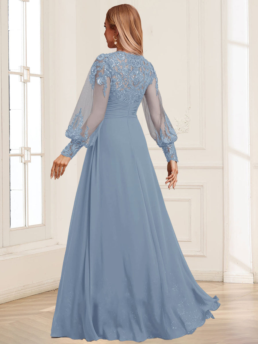 Sheath/Column V-Neck Long Sleeves Floor-Length Mother of the Bride Dresses With Sequins & Overskirt