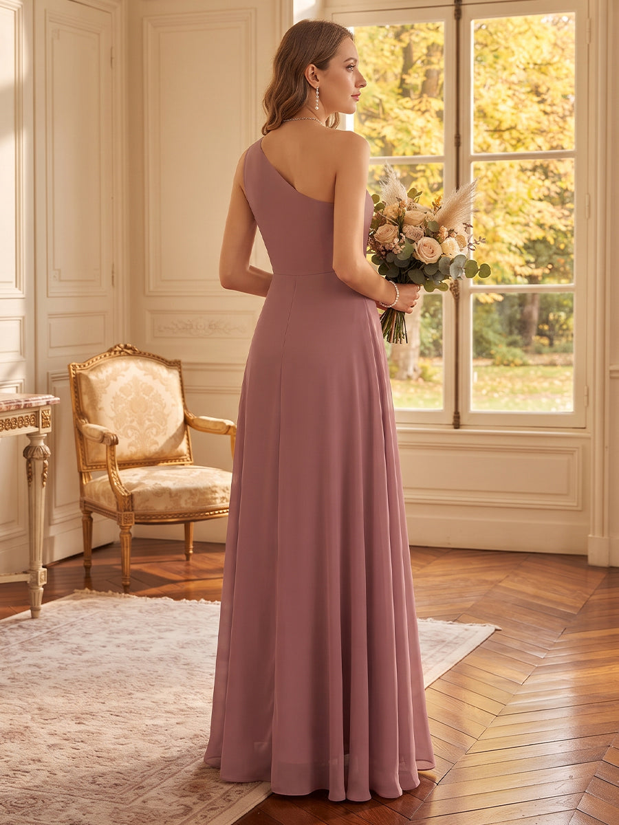 A-Line/Princess One-Shoulder Sleeveless Floor-Length Bridesmaid Dresses With Ruffles & Split Side