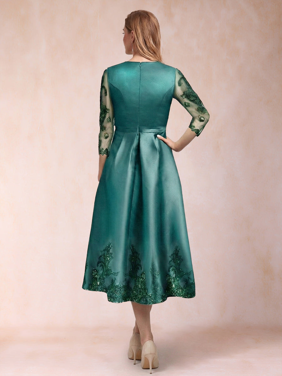 A-Line/Princess V-Neck 3/4 Sleeves Tea-Length Mother of the Bride Dresses with Appliques & Sequins