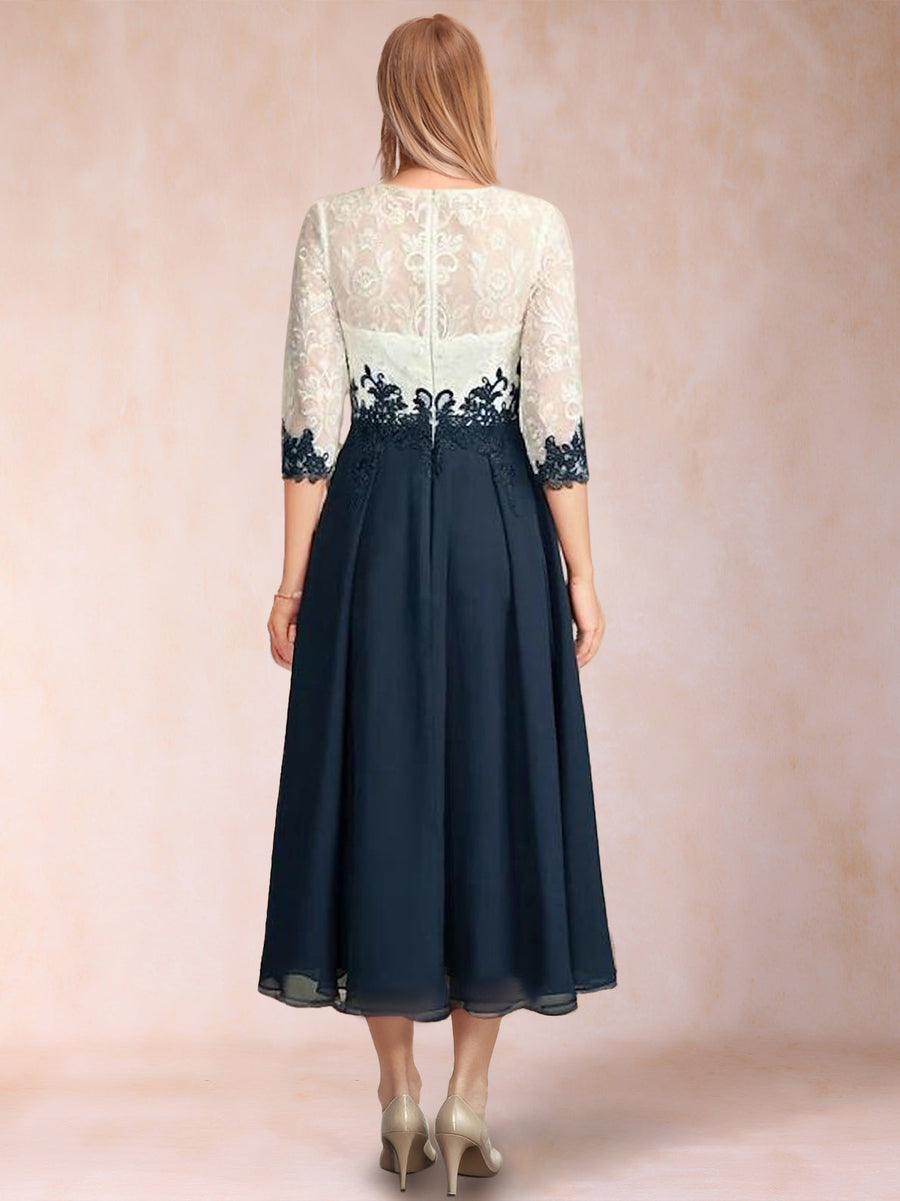 A-Line/Princess Illusion Scoop Half Sleeves Tea-Length Mother of the Bride Dresses with Lace Appliques