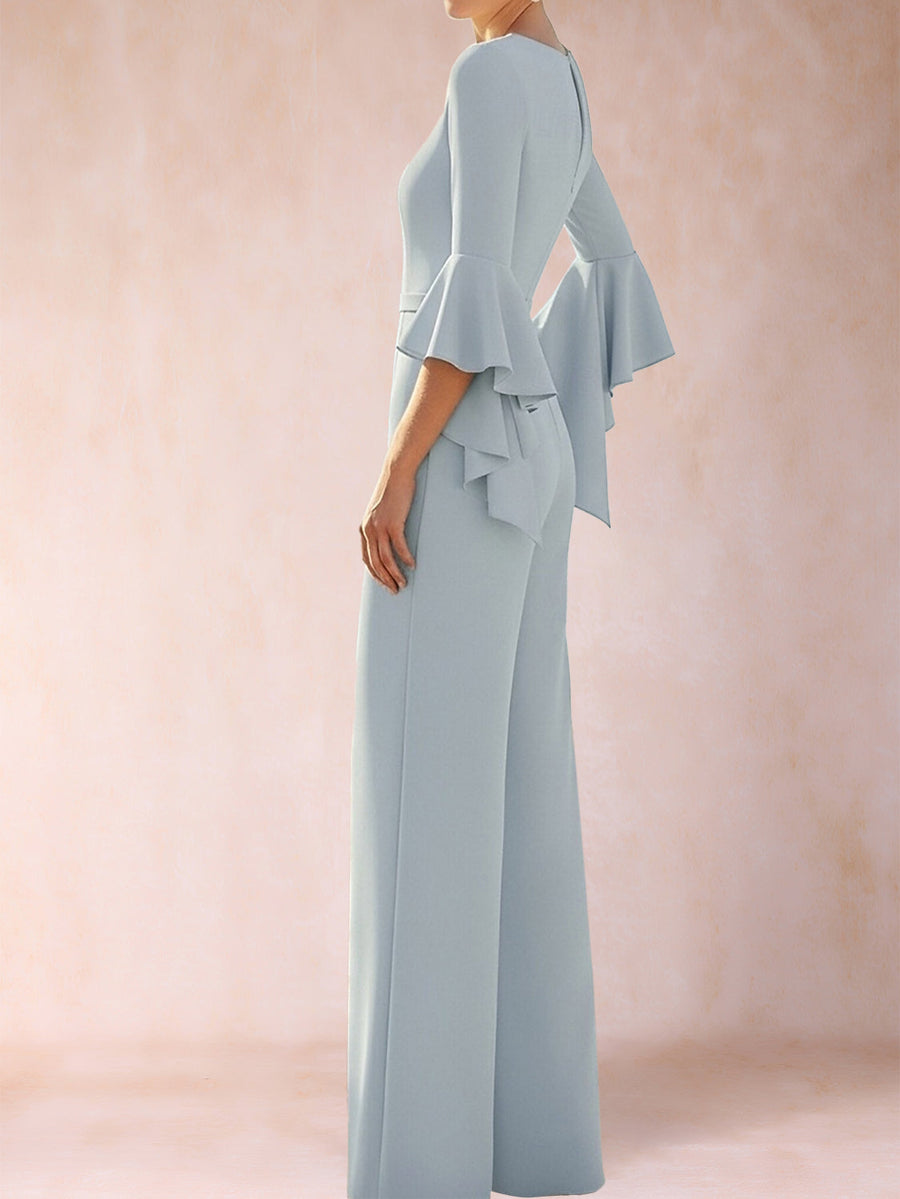 Jumpsuits V-Neck 3/4 Sleeves Floor-Length Mother of the Bride Pantsuit with 3D Flower