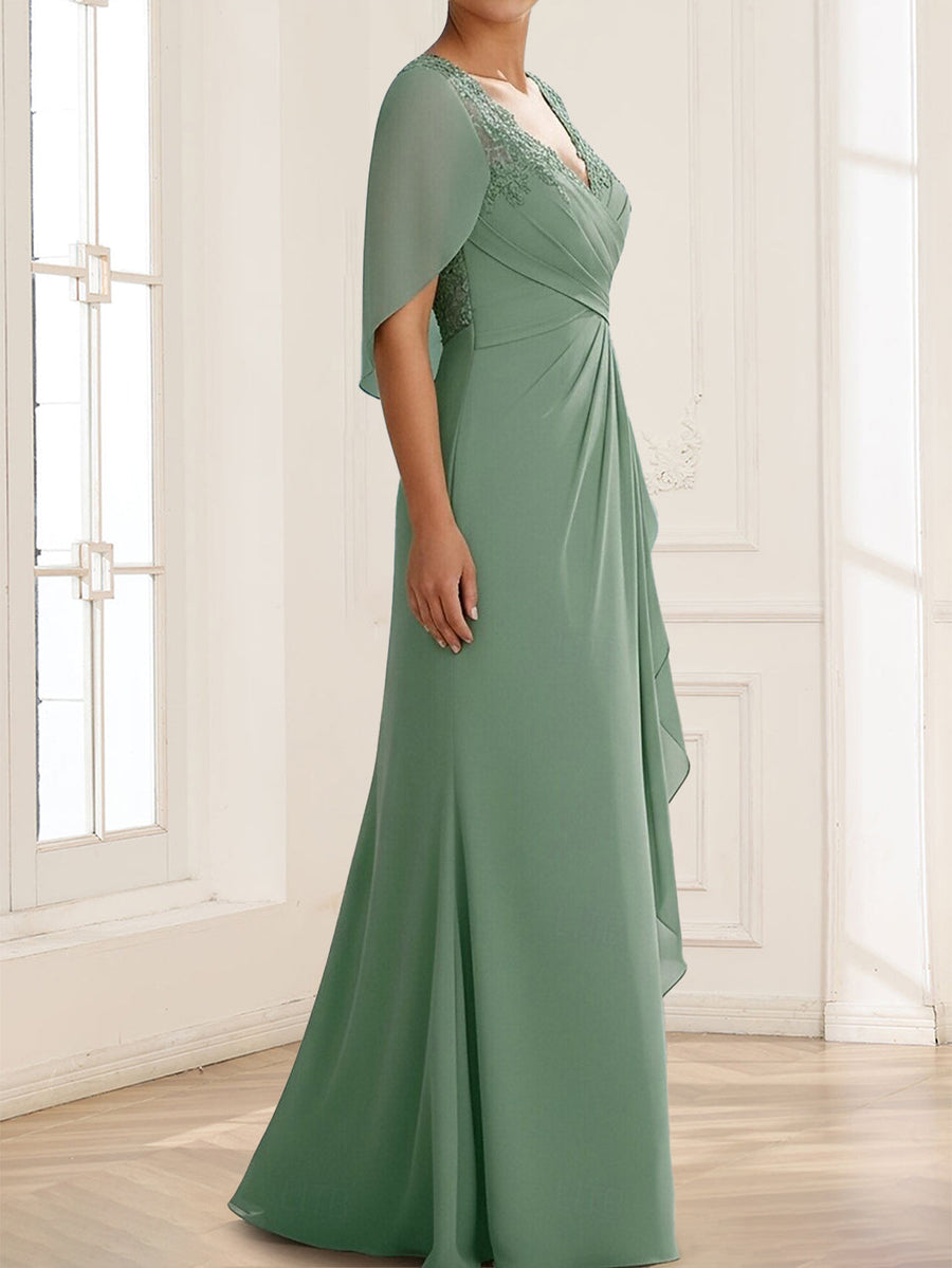 Sheath/Column V-Neck Short Sleeves Floor-Length Mother of the Bride Dresses with Lace & Applique
