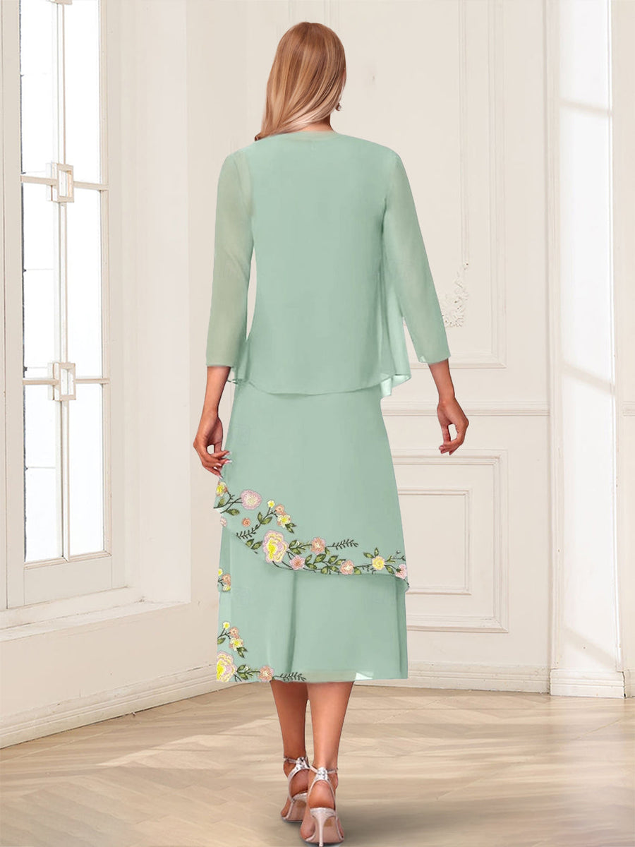 A-Line/Princess Scoop Sleeveless Tea-Length Mother of the Bride Dresses with Embroidery & Jacket