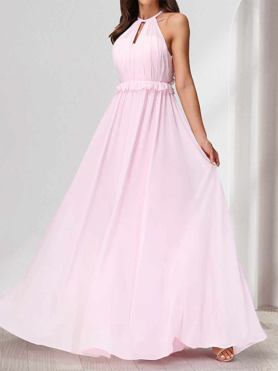 A-Line/Princess Halter Sleeveless Chiffon Bridesmaid Dresses With Ruffles