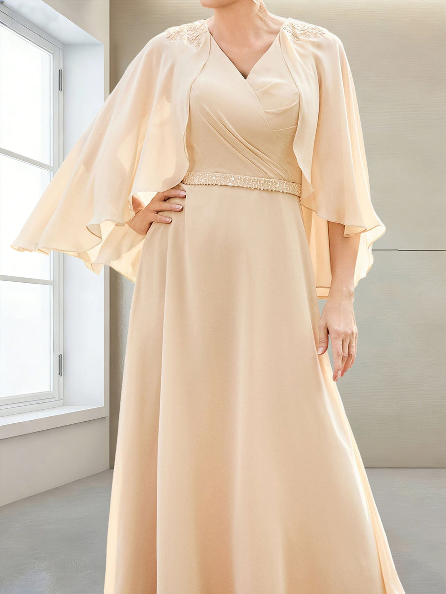 A-Line/Princess V-Neck Half Sleeves Floor-Length Mother of the Bride Dresses with Beading & Applique