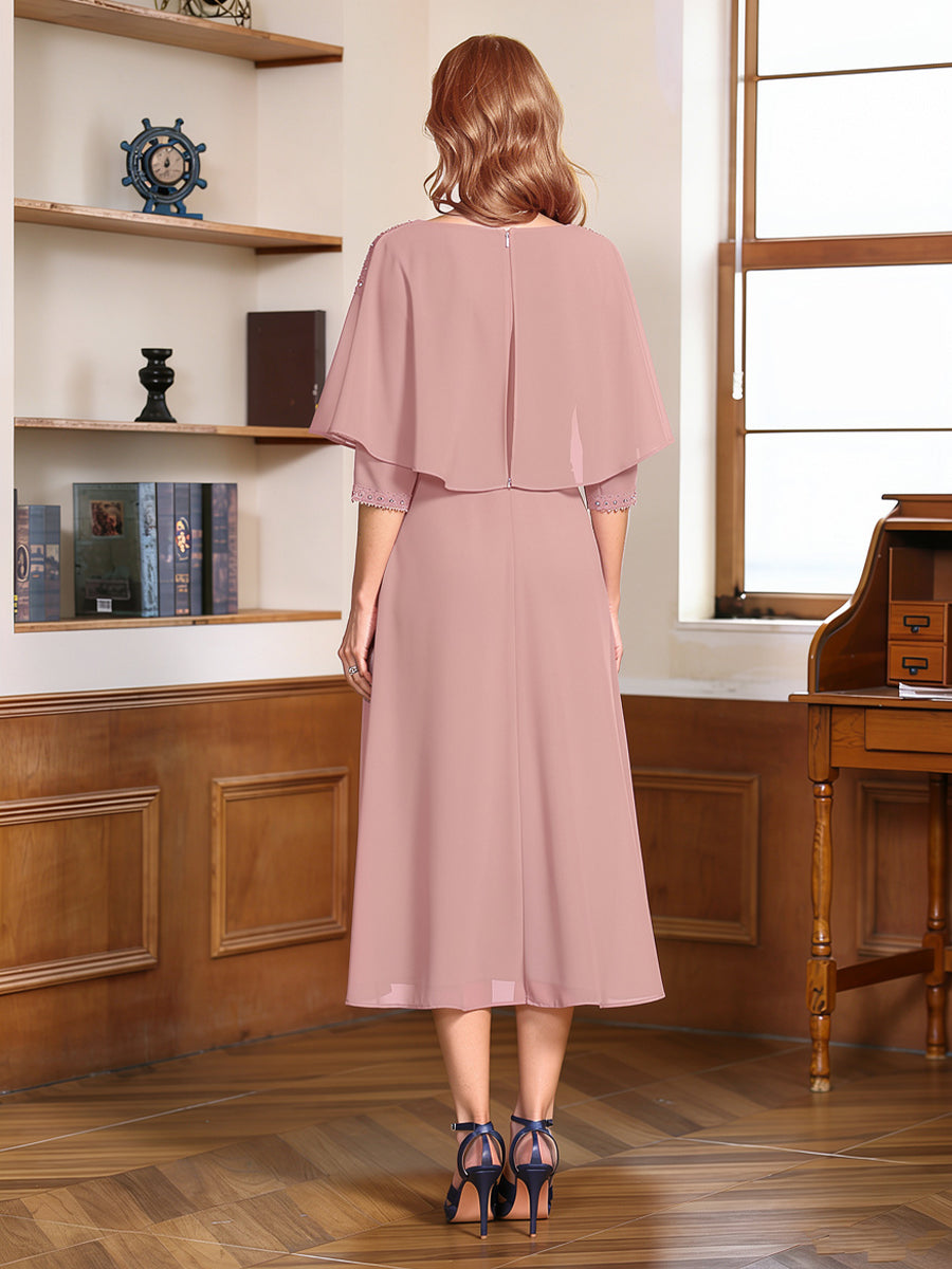 A-Line/Princess Scoop Half Sleeves Tea-Length Ruched Mother of the Bride with Beading & Cape