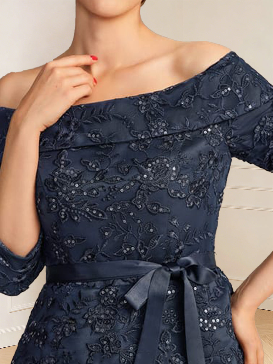 A-Line/Princess 3/4 Sleeves Off-the-Shoulder Floor-Length Mother of the Bride with Bowknot & Sequins