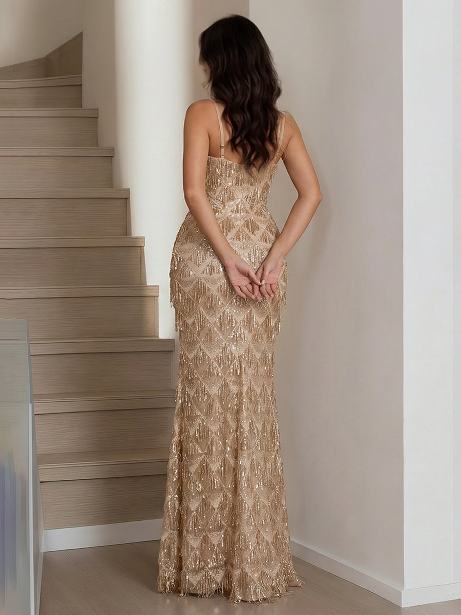 Trumpet/Mermaid Spaghetti Straps Sweetheart Floor-Length Long Prom Dresses with Sequins