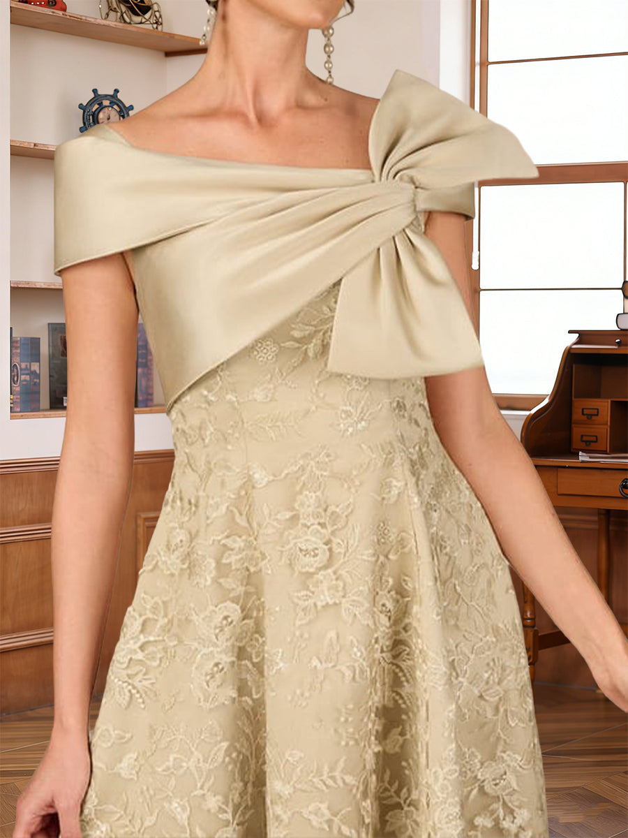 A-Line/Princess V-Neck Short Sleeves Tea-Length Mother of the Bride Dresses with Applique & Bowknot