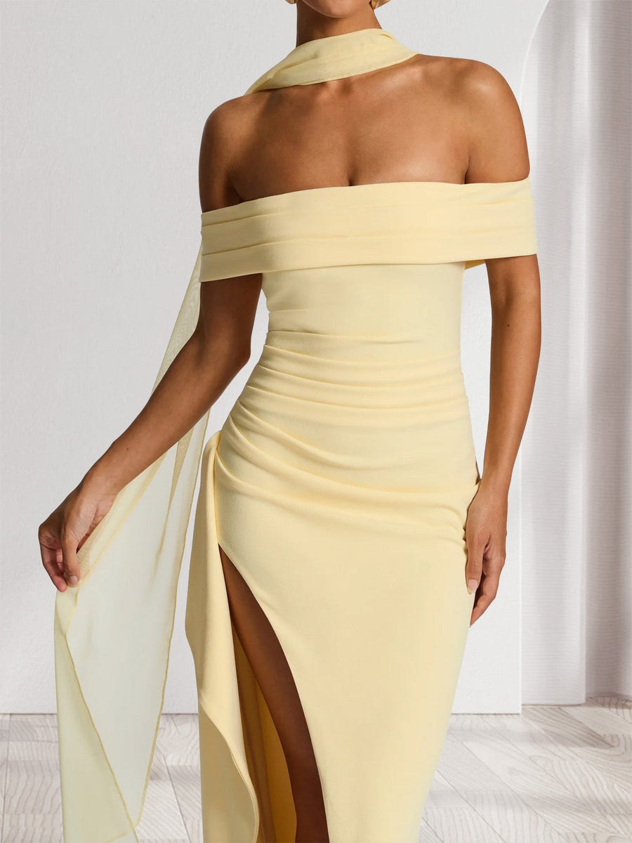 Sheath/Column Off-the-Shoulder Scarf Wrap Floor-Length Bridesmaid Dresses with Pleats & Split Side