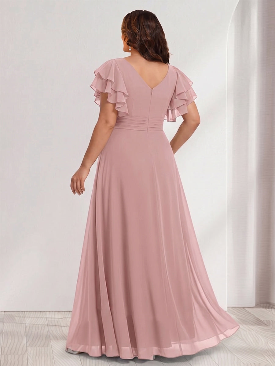 A-Line/Princess Scoop Short Sleeves Floor-Length Plus Size Bridesmaid Dresses with Ruffles & Ruched