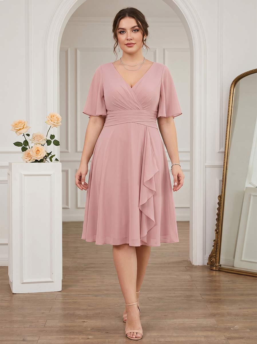 pink short bridesmaid dresses uk A-Line/Princess V-Neck Sleeves Knee-Length Plus Size – Lavetir size: 32