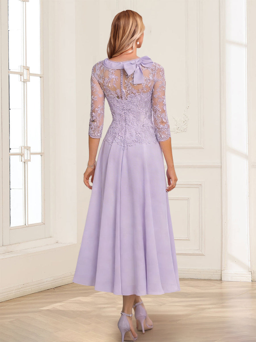 A-Line/Princess Scoop 3/4 Sleeves Tea-Length Mother of the Bride Dresses with Pleats & Bowknot