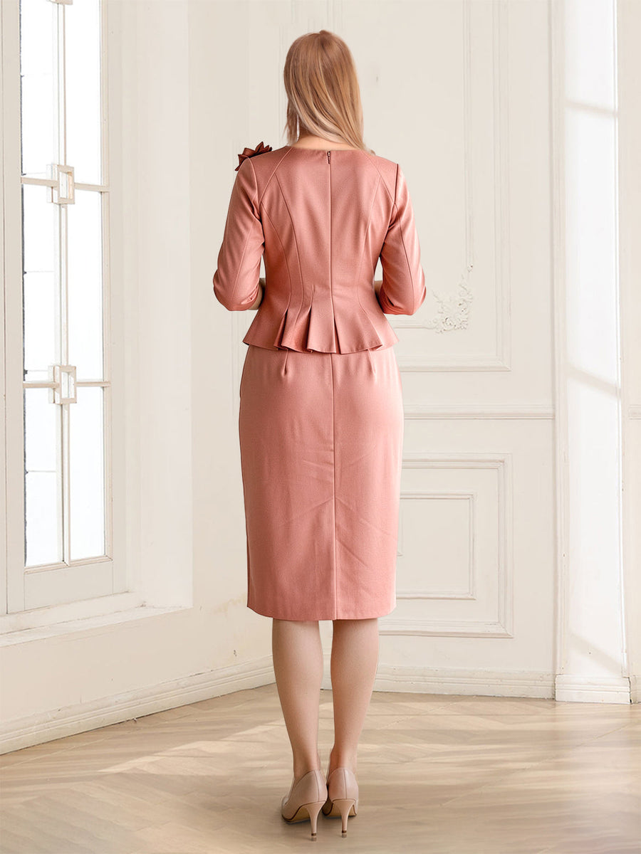Sheath/Column Crew Neck Half Sleeves Knee-Length Mother of the Bride Dresses with Flower