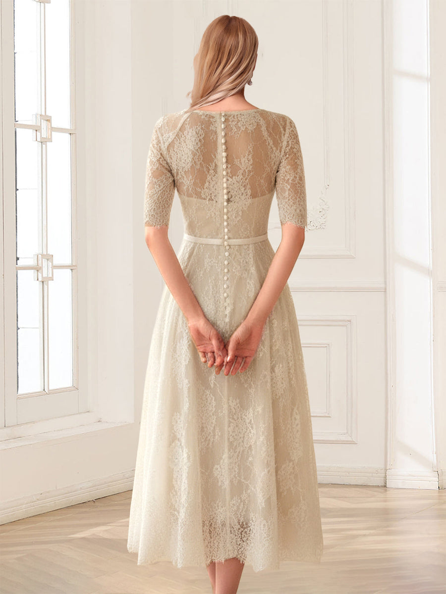 A-Line/Princess Illusion Neck Half Sleeves Tea-Length Mother of the Bride Dresses with Applique & Sash