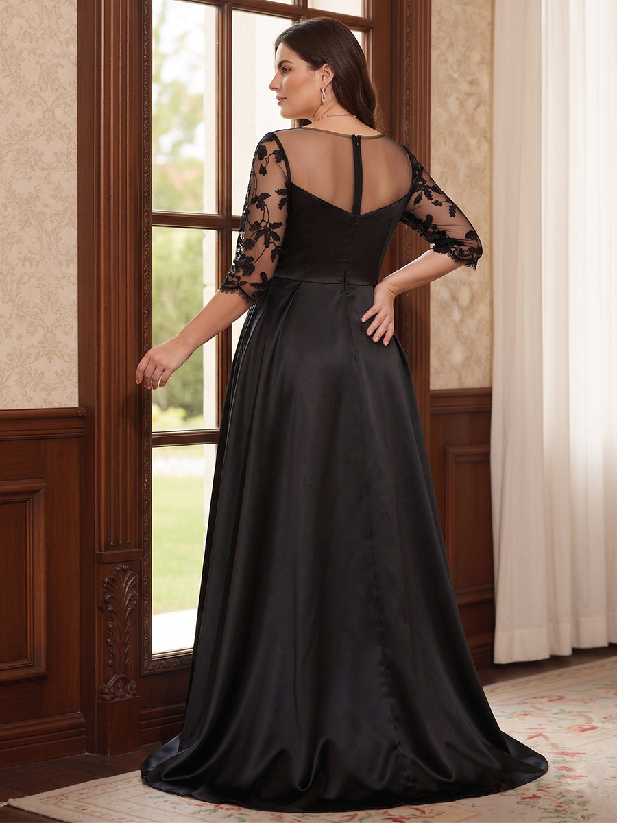 A-Line/Princess Scoop 3/4 Sleeves Floor-Length Plus Size Mother of the Bride Dresses with Split Side & Applique