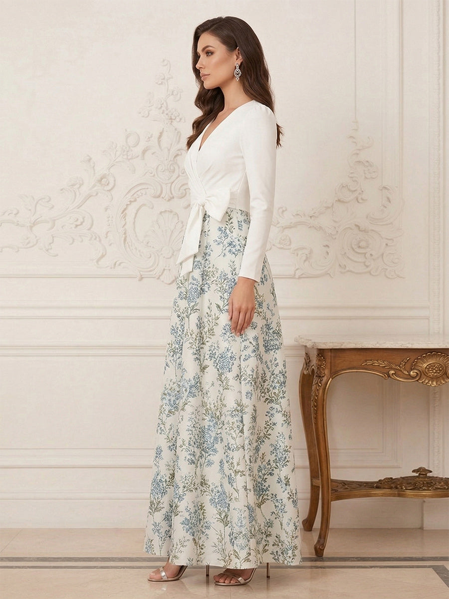 A-Line/Princess V-Neck 3/4 Sleeves Ankle-Length Mother of the Bride Dresses with Bowknot & Ruched