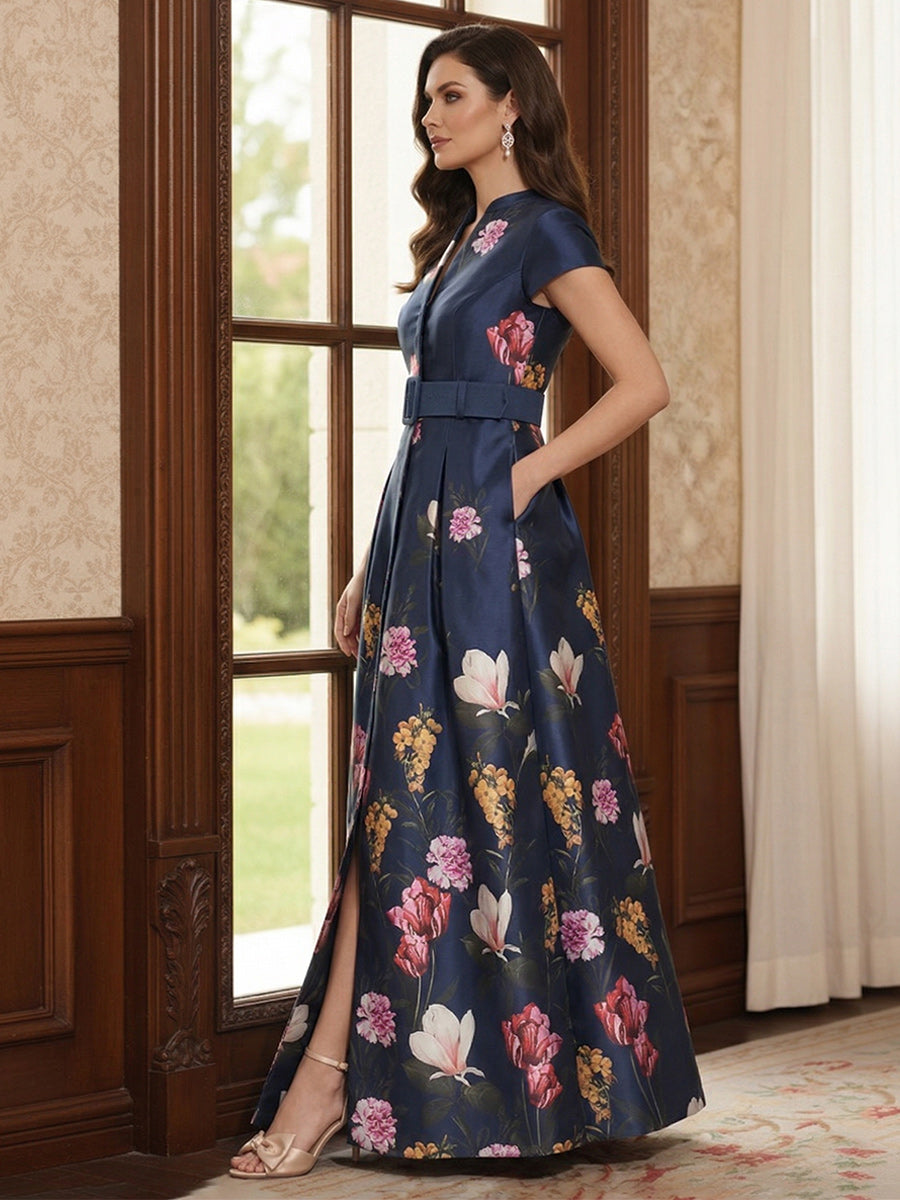 A-Line/Princess Short Sleeves V Neck Floor-Length Mother of the Bride Dresses with Pocket & Split Side