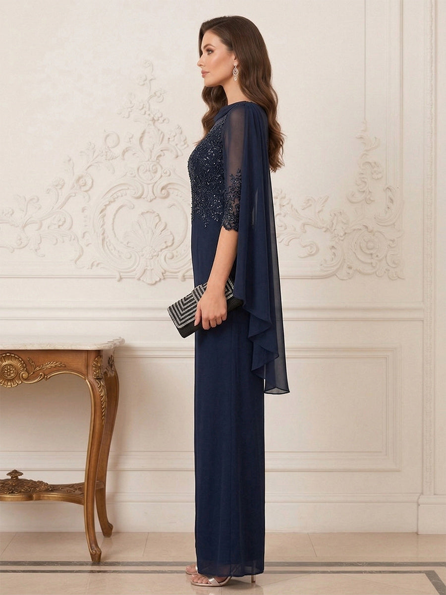 Jumpsuits Half Sleeves Cowl Neck Floor Length Mother of the Bride Dresses with Sequin & Appliques