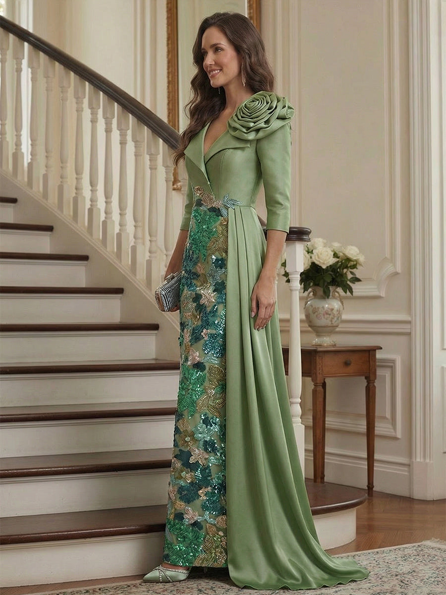 Sheath/Column 3/4 Sleeves V Neck Floor Length Mother of the Bride Dresses with Sequins & 3D Floral