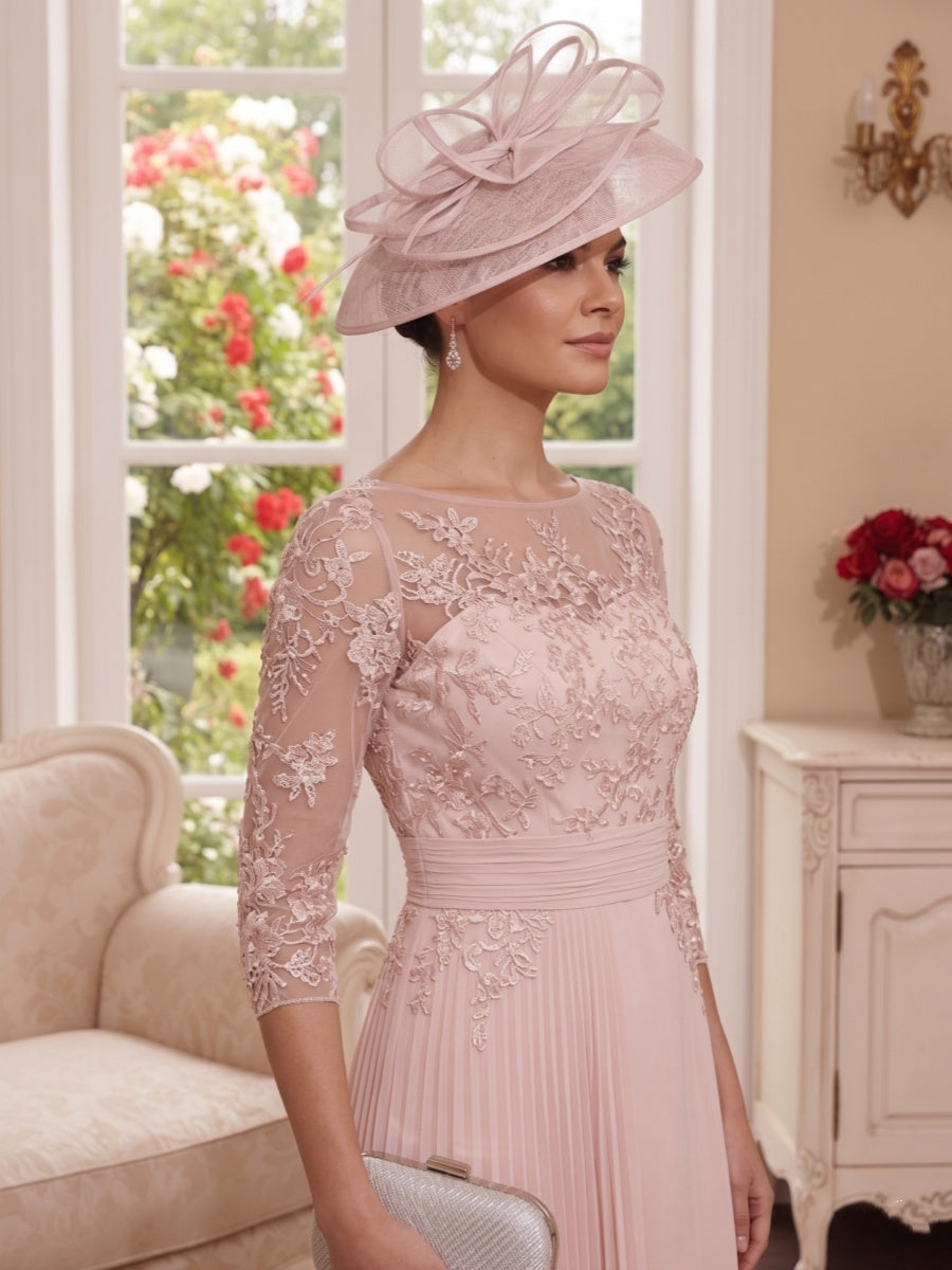 Sheath Column Illusion Neck 3/4 Sleeves Knee-Length Mother of the Bride Dresses with Applique & Lace