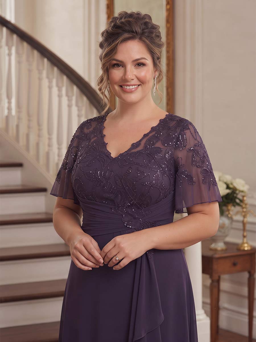 A-Line/Princess Scoop Flutter Sleeves Asymmetrical Plus Size Mother of the Bride Dresses with Sequins & Ruffles