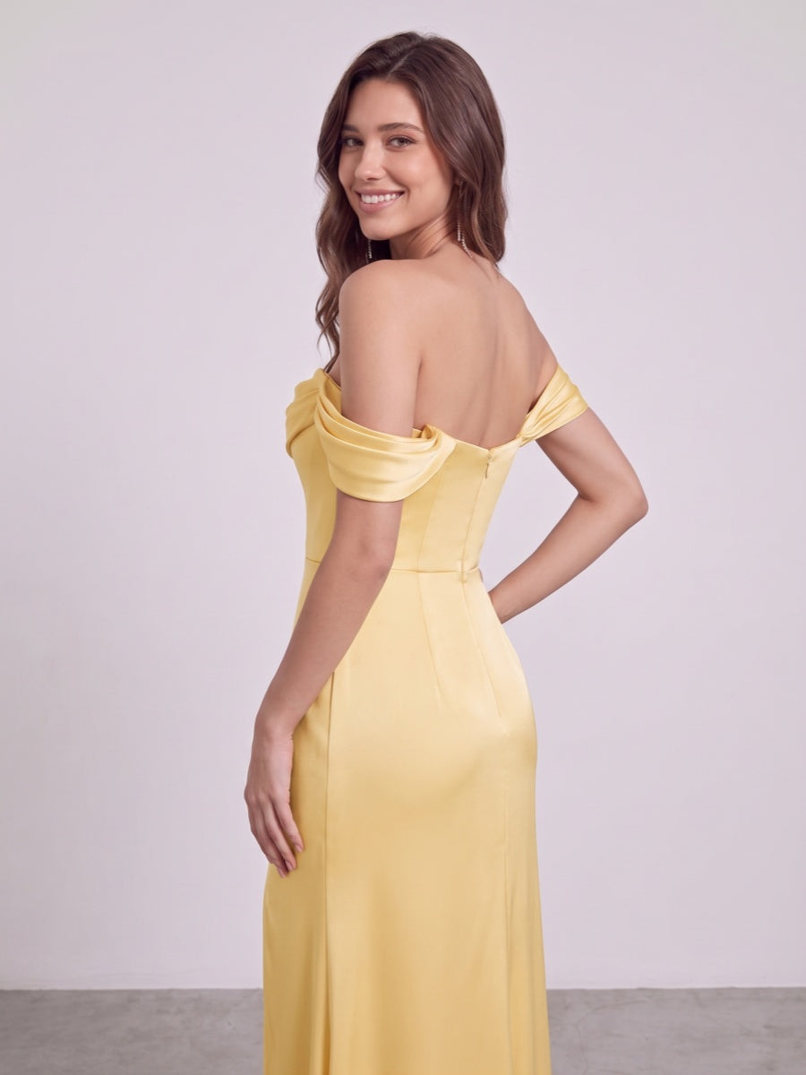 Sheath/Column Off-the-Shoulder Short Sleeves Floor-Length Bridesmaid Dresses with Ruched & Split Side
