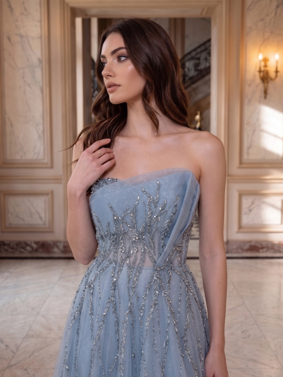 A-Line/Princess Strapless Sleeveless Floor-Length Evening Dresses with Applique & Beading