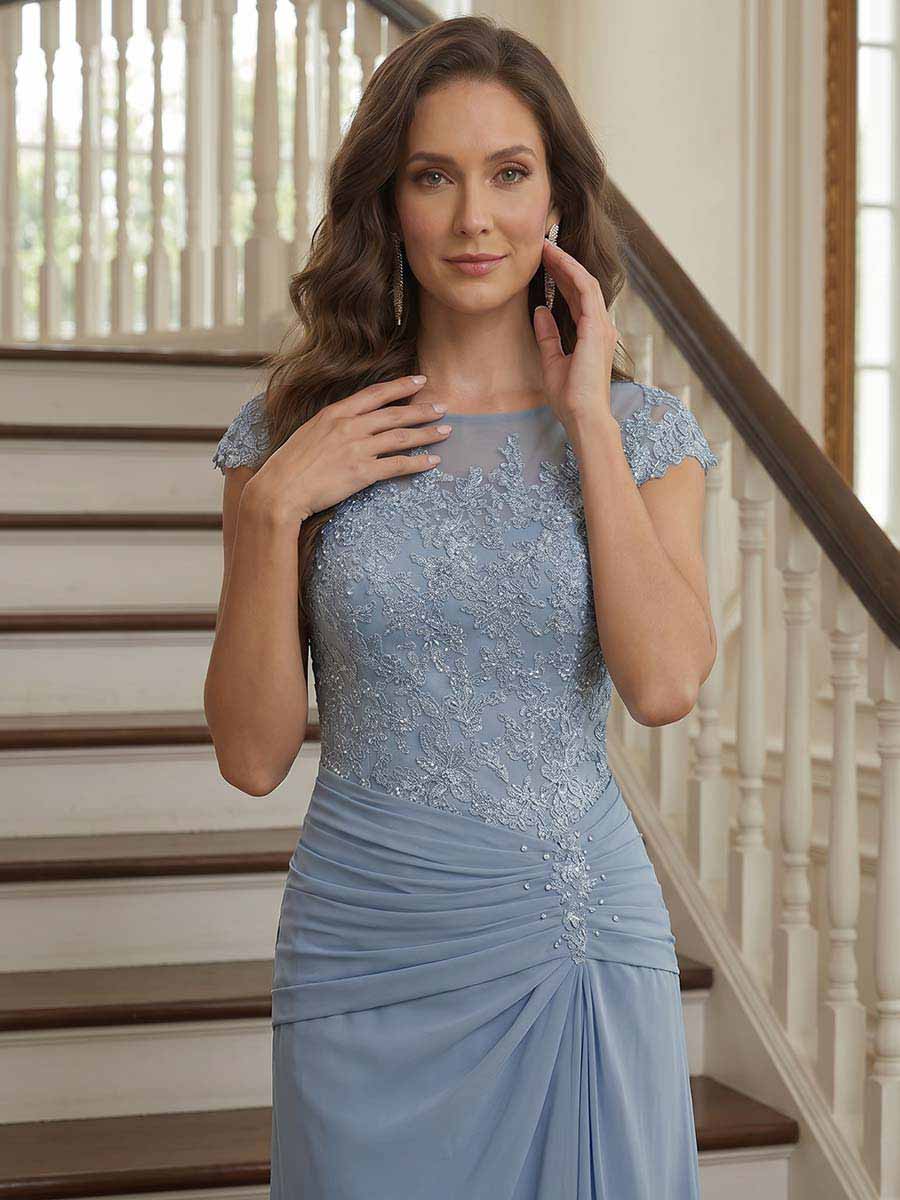 Sheath/Column Scoop Short Sleeves Tea-Length Mother Of The Bride Dresses With Applique & Ruched