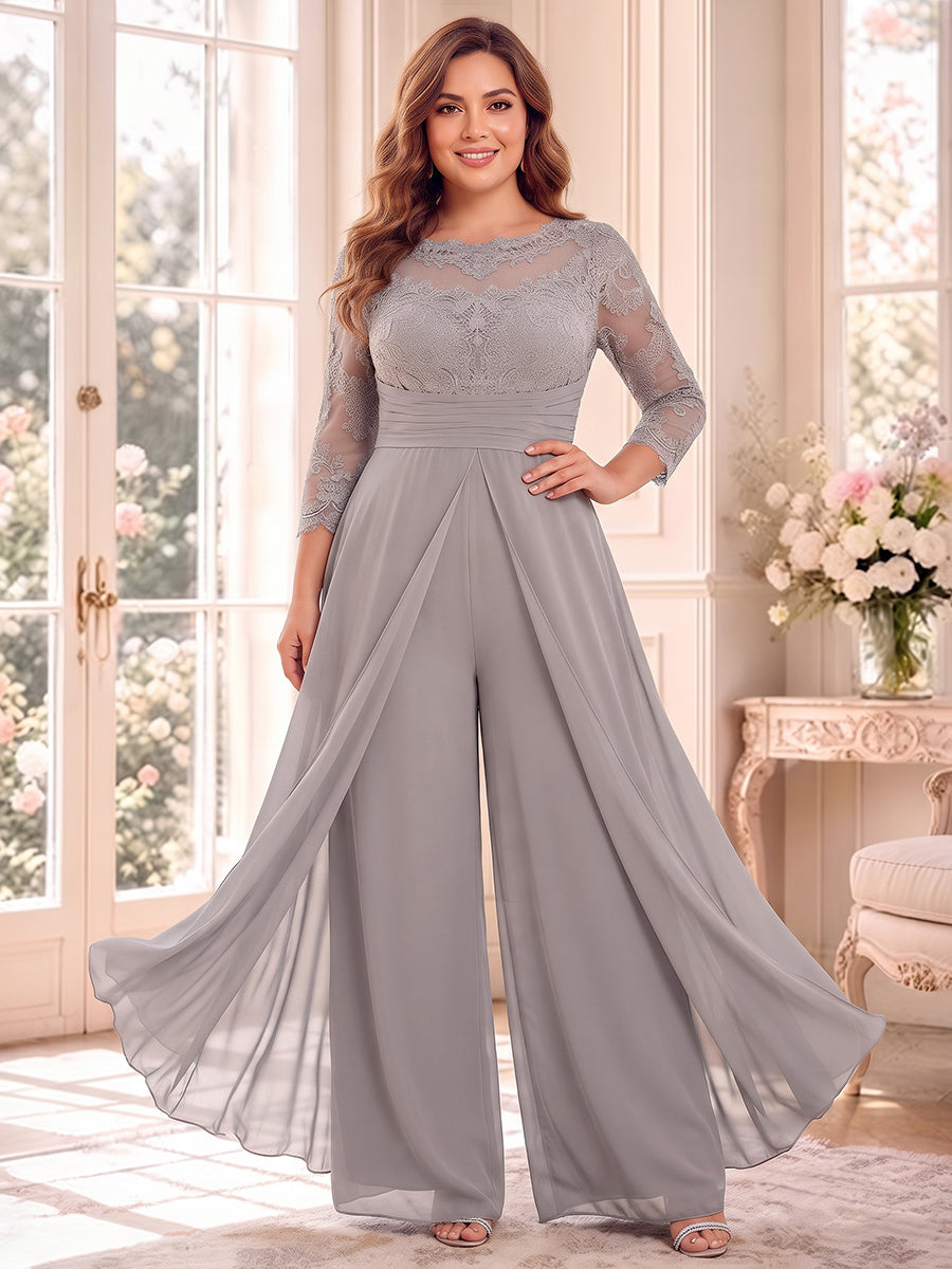 Jumpsuits Scoop 3/4 Sleeves Chiffon Floor-Length Plus Size Mother of the Bride Dresses with Applique & Lace
