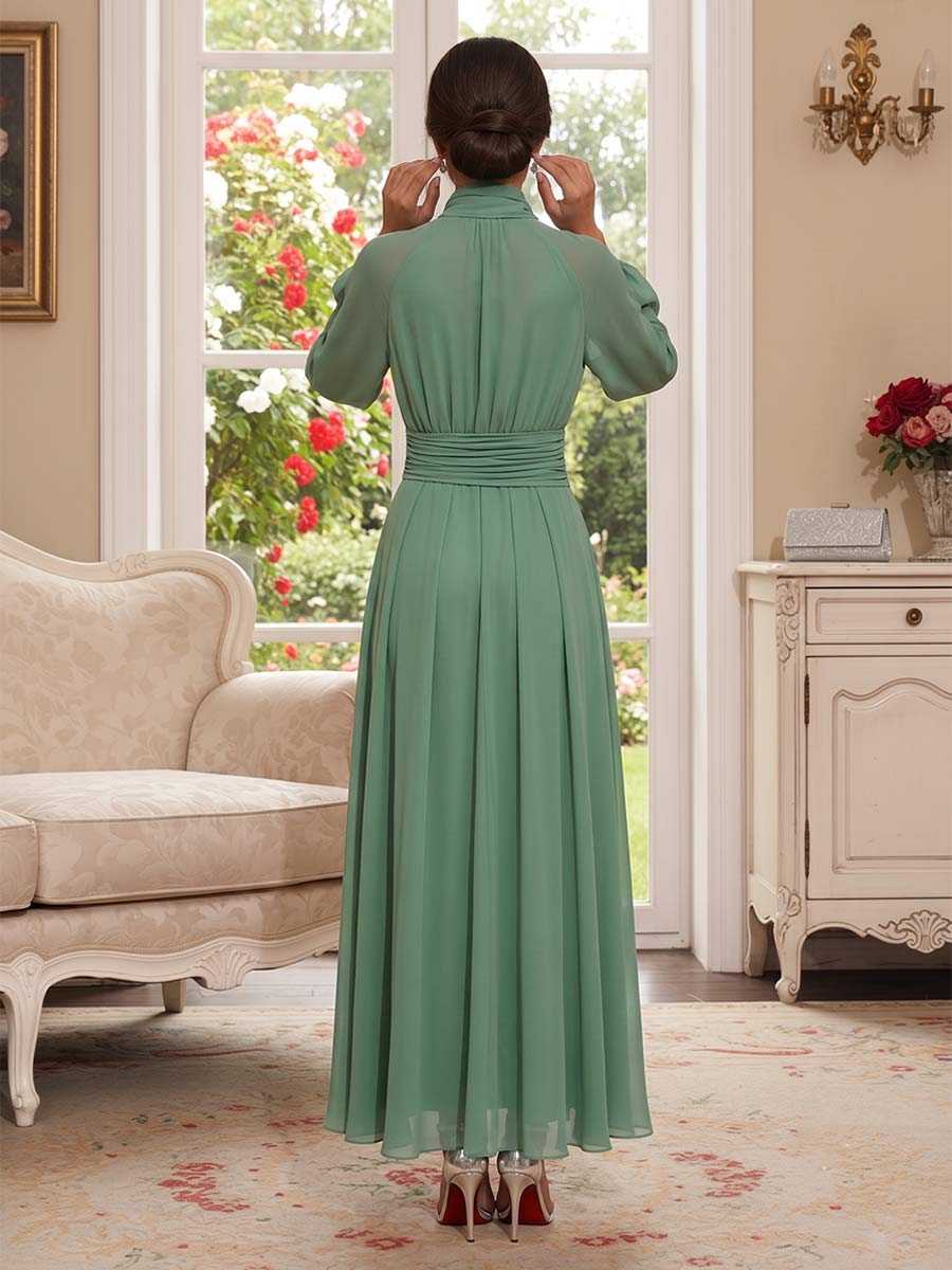 A-Line/Princess High Neck Long Sleeves Ankle-Length Mother of the Bride Dresses with Scarf & Ruched