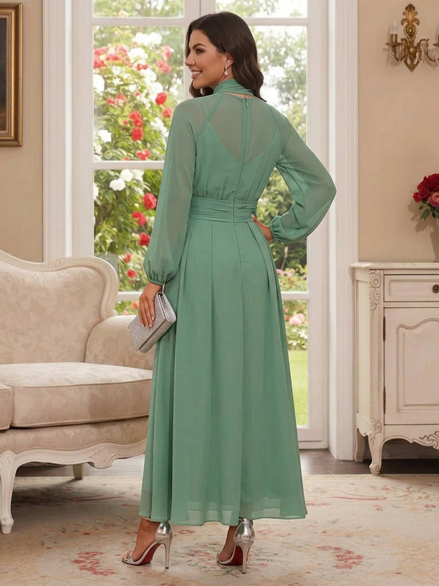 A-Line/Princess High Neck Long Sleeves Ankle-Length Mother of the Bride Dresses with Scarf & Ruched