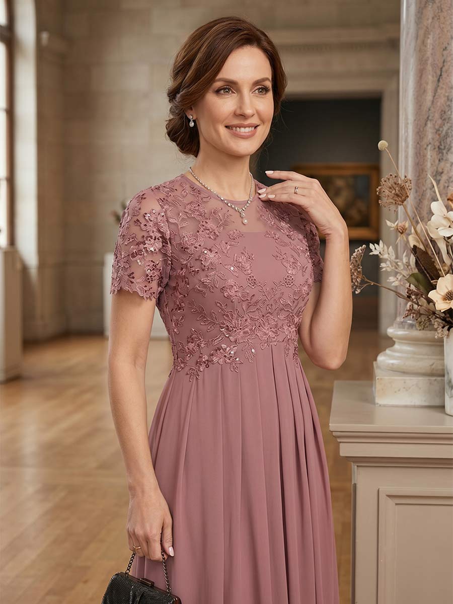 A-Line/Princess Scoop Short Sleeves Ankle-Length Mother of the Bride Dresses with Applique & Pleated